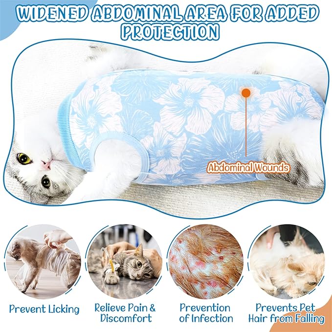 SlowTon Cat Recovery Suit - Cat Onesie for Cats After Surgery Female Male, Kitten Clothes Cats Surgical Spay Suit Abdominal Wounds, E-Collar Alternative Bodysuit Shirt Anti-Licking (Blue Flower,S)
