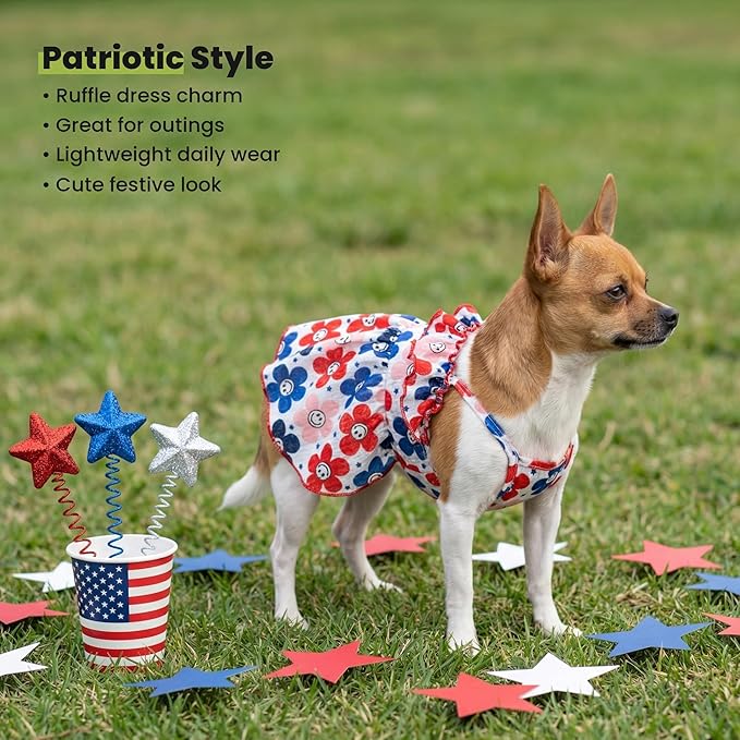 Fitwarm Patriotic Floral Smiley Face Dog Dress, 4th of July Outfit for Small Dogs Girl, Festive Pet Clothes, Red, White, Blue, Pink, XXS
