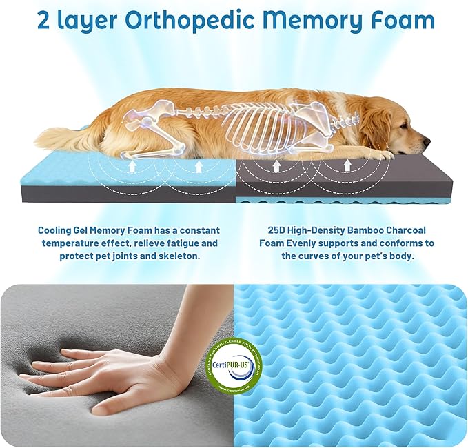 Cooling Dog Bed for Large Dogs, Orthopedic Memory Foam Pet Bed for Crate with Removable Washable Cover,Ideal for Arthritic Dogs (Cooling Fabric, X-Large-41"x 29" x 4")