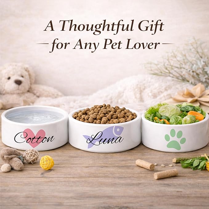 Custom Cat Bowl | Personalized Food & Water Dish with Name | Microwave & Dishwasher Safe Ceramic Pet Feeding Bowl for Kitty | Gift Idea for New Kitten Owners | White – Large
