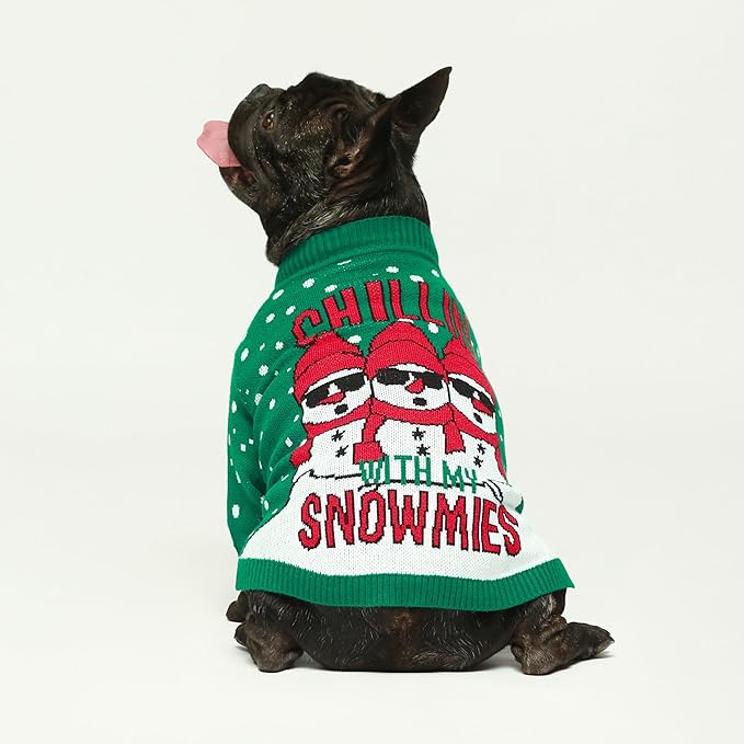 Fitwarm Chillin with My Snowmies Dog Ugly Christmas Sweater, Winter Dog Clothes for Small Dogs Girl Boy, Pet Holiday Sweatshirt, Xmas Snowman Outfit, Green, Red, White, Medium