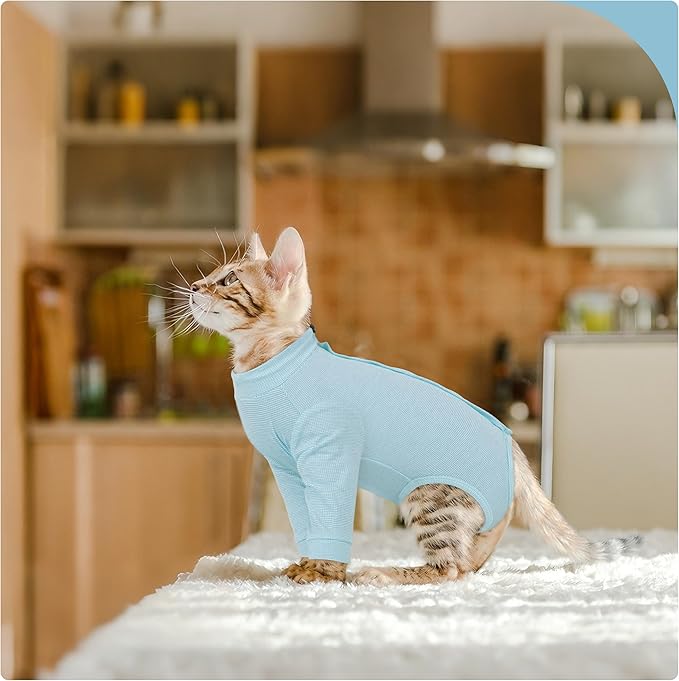 PUMYPOREITY Adjustable Cat Recovery Shirt, Front Leg Injury Suit, Stretchable & Comfortable, Anti-Licking Long Sleeve Wound Cover, Prevents Scratching & Biting, Machine Washable, Blue, M
