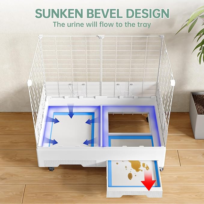 Oneluck Deluxe Rolling Bunny Hutch with Urine Guard,Small Rabbit Cage with Pull Out Tray,Clear Panel for Recording,Easy to Clean