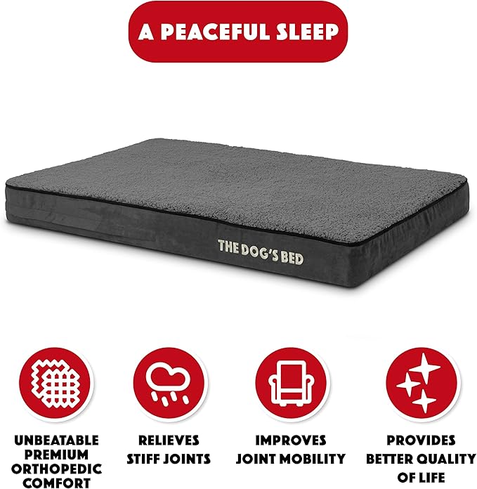 The Dog’s Bed Orthopedic Memory Foam Dog Bed for Large Dogs, Waterproof Washable Cover, Anti-Slip Base, Calming Surface – CertiPUR-Certified Foam, Grey Plush, 4 Inch Thick