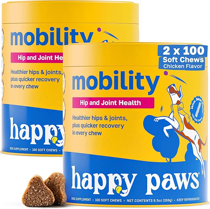 Happy Paws Hip and Joint Supplement for Dogs, Glucosamine Chondroitin for Dogs of All Breeds, Joint Support Soft Chews with Hyaluronic Acid & Turmeric, Vegan Bacon Flavor, Non GMO, 200 Soft Chews