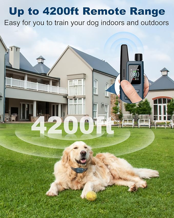 Jugbow Dog Shock Collar - 4200FT Dog Training Collar with Remote IPX7 Waterproof Electric Collar with 4 Training Modes, Security Lock, Rechargeable e-Collar for All Breeds, Sizes Cyan Blue