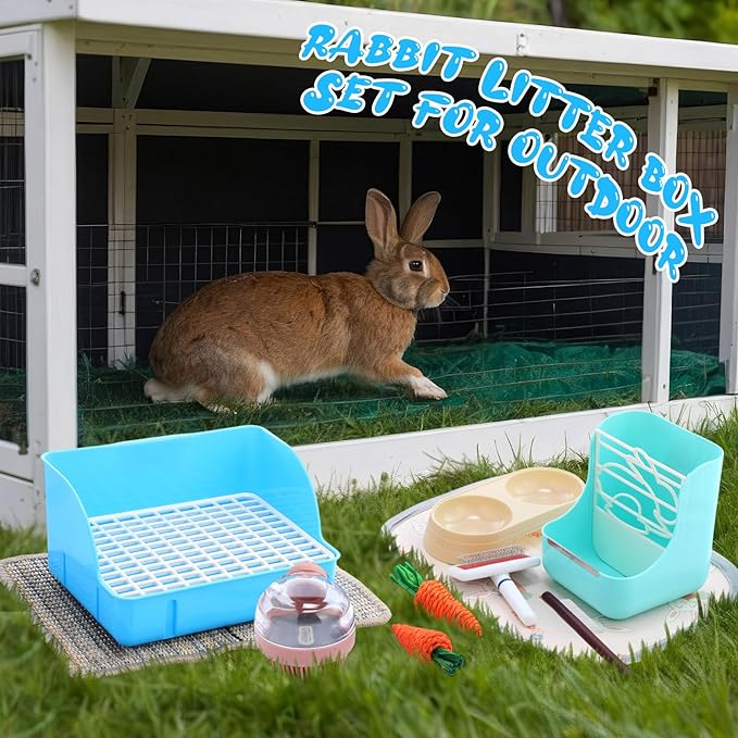 Honeydak 10 Pcs Rabbit Starter Kit Small Litter Box Bunny Grooming Kit Scratch Pads Hay Feeder Bowl Ice Pad with Bunny Toys for Guinea Pig Rabbit Accessories (Blue)