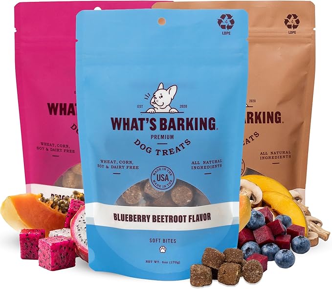What's Barking Soft Bites, Soft Chewy Dog Treats for Training or Snacking, Pet Essentials, Bite Size Pieces for Dogs, Natural Ingredients, Made in USA, Resealable Bag, Fruity Variety Pack, 3 Pack