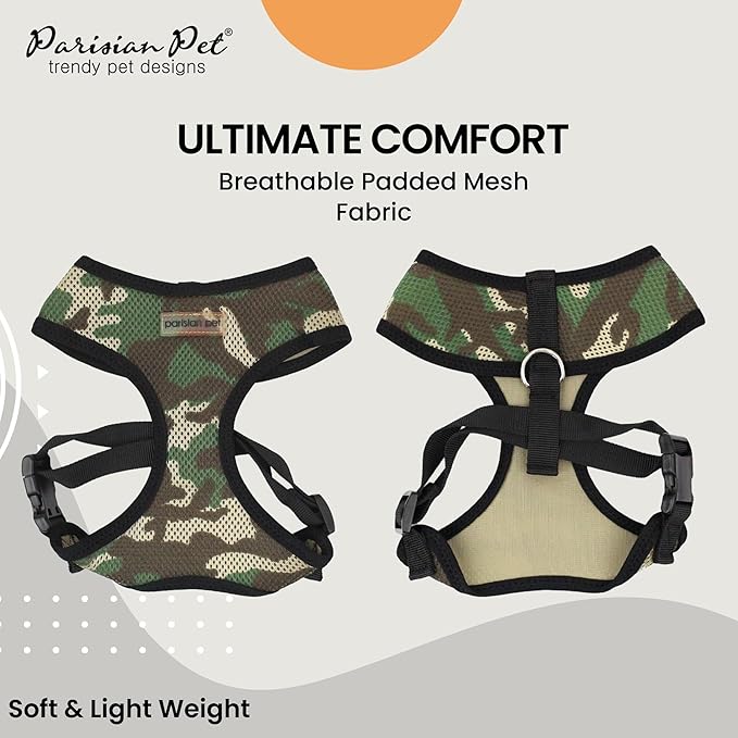Parisian Pet Camo Dog Harness - Breathable Mesh No Pull Puppy Harness with Leash Ring - Adjustable Harnesses for Dogs - Soft Padded Step-in Pet Vest - Lightweight Dog Vests for Small Sized Dogs