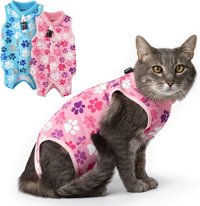 Cat Recovery Suit – Soft Breathable Cat Onesie for Female & Male Cats After Surgery, Spay, Neuter or Wounds, Cat Surgery Suit, Recovery Suit for Cats, Cone Alternative, Pink Paw Print