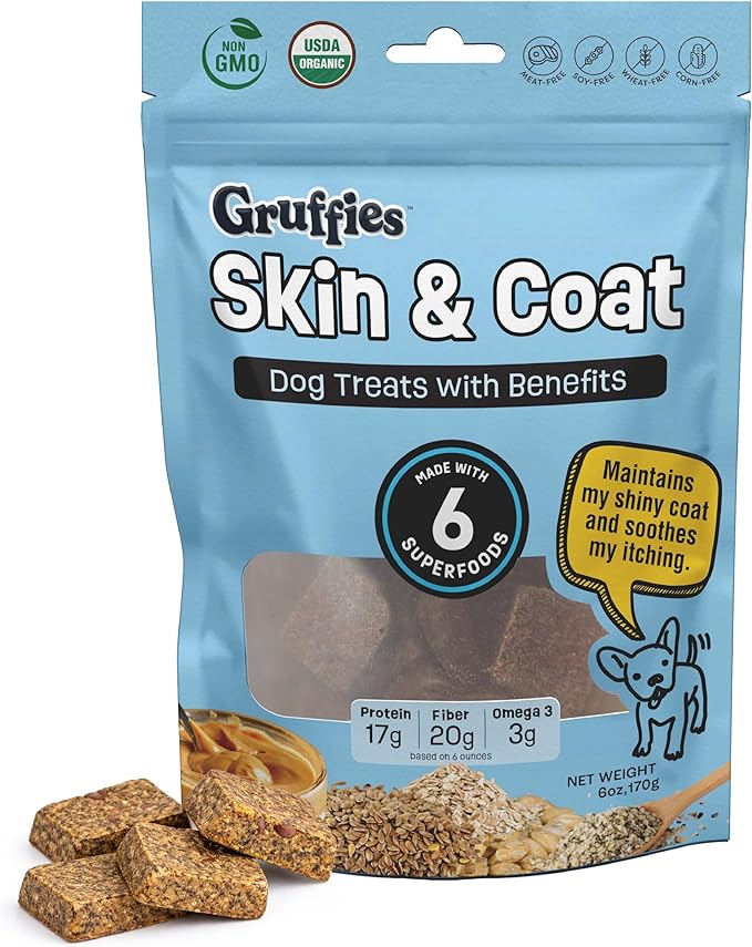 Skin & Coat Organic Dog Treats – Peanut Butter - Itchy & Dry Skin Relief for Dogs - Allergy Support - Flaxseed & Kelp for Omega 3 - Vet Approved, Made in Canada, Non-GMO - 6 oz (Pack of 1)