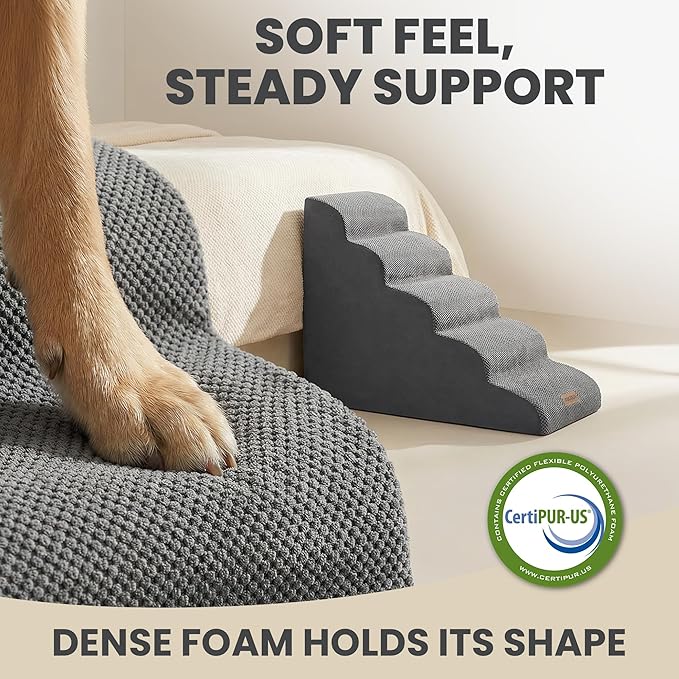 Dog Stairs for High Beds Up to 30", Extra-Tall 5-Step Dog Steps for Bed, 24.5" Tall Foam Pet Stairs for Small & Medium Dogs, Gentle Slope Cat Ramp for Bed with Washable Cover