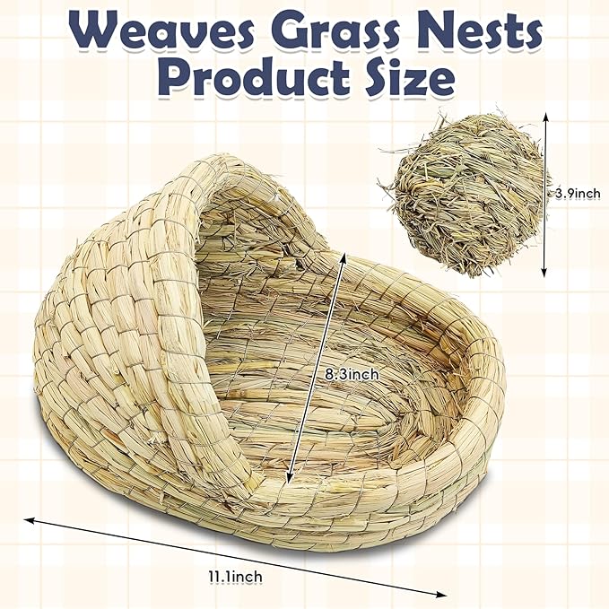 kathson Rabbit Grass House Bunny Woven Hay Bed Guinea Pig Hideout Hand Woven Natural Grass House for Hamster and Small Animals with Hay Chew Balls Toys