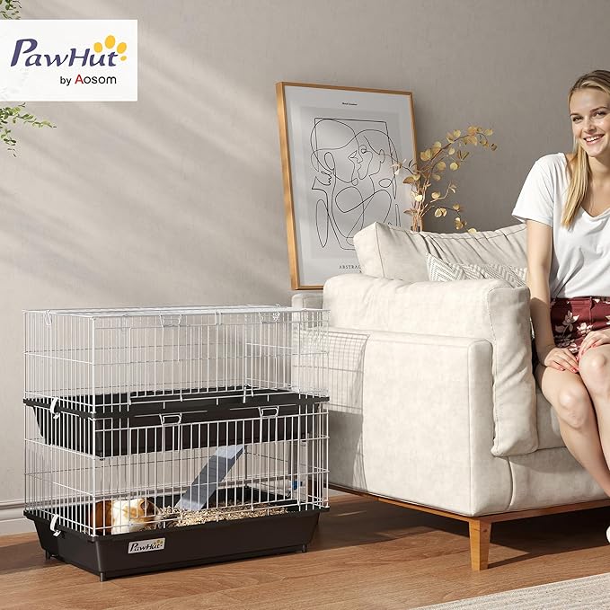 PawHut 2-Tier Small Animal Cage, Chinchilla Ferret Cage Indoor with Dish and Bottle, 2 Doors, Deep Bottoms, Ramp, 28", Black