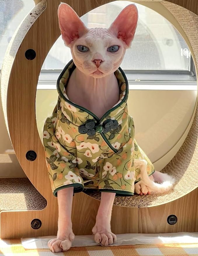 Traditional Culture Sphynx Hairless Cat Cotton T-Shirts Cat Clothes Pet Sweater Cat Vest Pet Clothes Kitten Shirts Cats & Small Dogs Apparel (White Petunia Chi-Pao, XXL (13-15 lbs))
