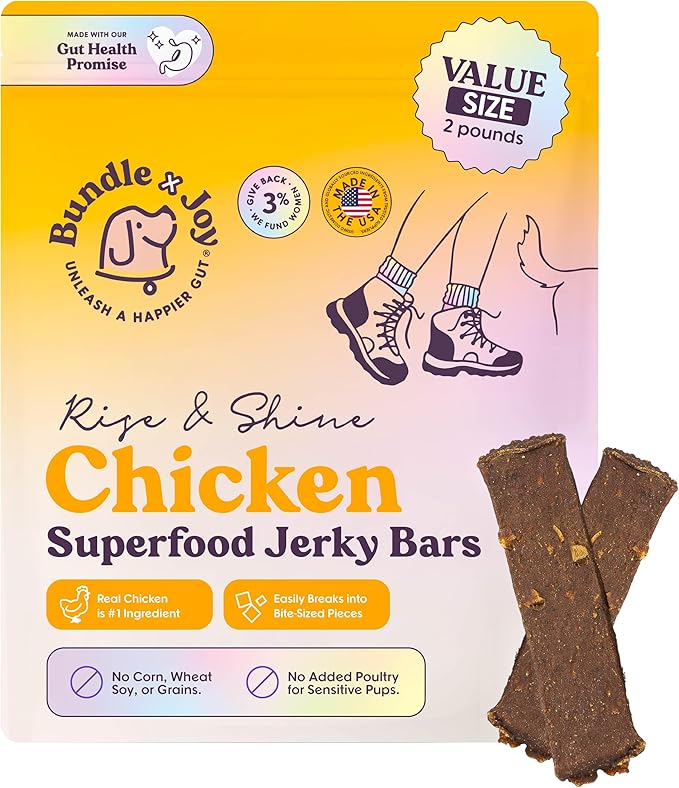 Bundle x Joy Rise & Shine Dog Treats Chicken Jerky Snack Bars, 2 LB Bag, Puppy and Training Treats, Natural Superfood Grain Free Made with Real Chicken, Superfoods, Corn Free & Soy Free