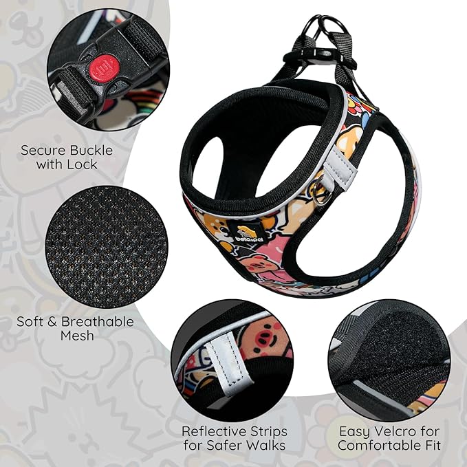BELLA & PAL Step in Vest Harness for Small and Medium Dogs, No Pull Small Dog Harness with Leash Set, Comfortable Air Mesh Dog Vest Harness with Reflective Strip (Cuddle Club, XXS)
