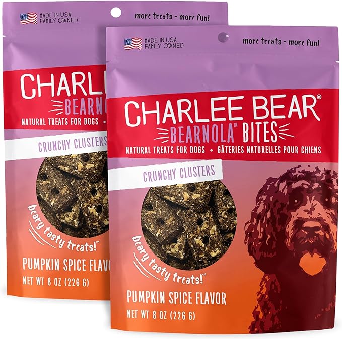 Charlee Bear Crunchy Dog Treats, Bearnola Bites Pumpkin Spice, Puppy Training Treats, Vegan Dog Snacks, 8 oz Bags (2), Made USA