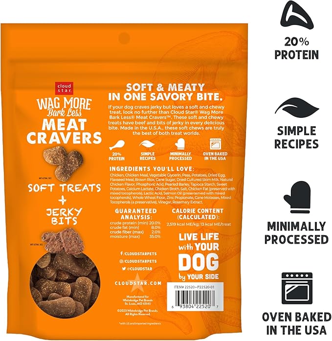Cloud Star Wag More Bark Less Meat Cravers Soft Chews Dog Treats, Chicken 5 oz. Bag (Pack of 3)
