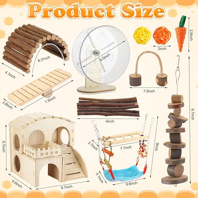 11 Pcs Hamster Cage Accessories Set, Bridge, Exercise Wheel, Swing, Chew Toys & More, Natural Wood Hamster Play Set for Dwarf Hamsters, Mice Small Animals Habitat(Wooden Hawaii House)