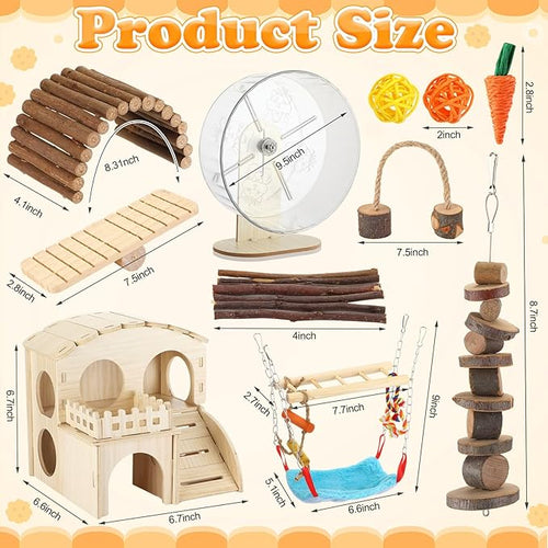 11 Pcs Hamster Cage Accessories Set, Bridge, Exercise Wheel, Swing, Chew Toys & More, Natural Wood Hamster Play Set for Dwarf Hamsters, Mice Small Animals Habitat(Wooden Hawaii House)