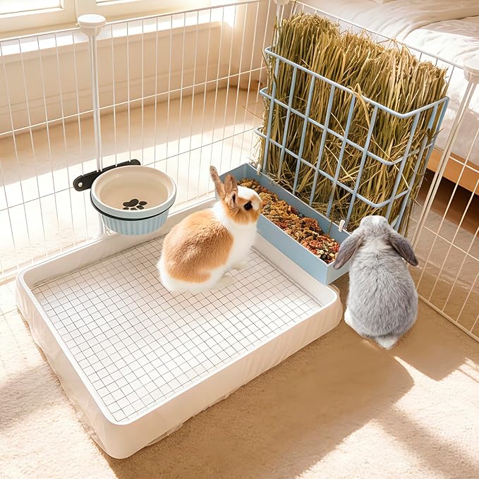 BESNEW 3 in 1 Rabbit Hay Feeder with Litter Box,Upgraded Metal Hay Rack & Litter Tray & Water Bowl,Quick Cleaning,Easy to Install,Bunny Supplies for Rabbit Guinea Pig Chinchilla Small Animals