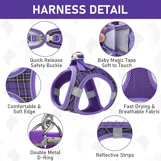 GAMUDA Small Dog Harness Collar and Leash Set, Step in No Chock No Pull Soft Mesh Adjustable Dog Vest Harnesses Plaid Reflective for Dogs Puppy Cats Kitten Rabbit (Purple, XL)