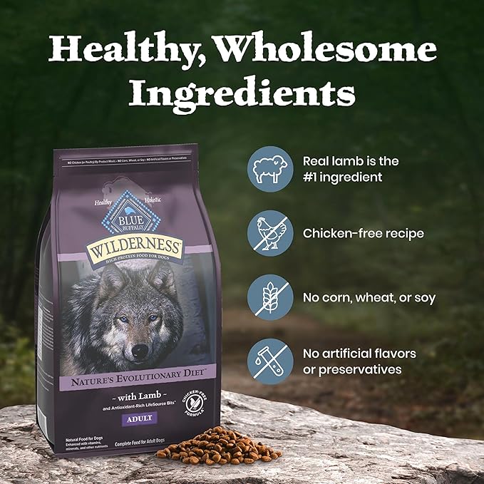 Blue Buffalo Wilderness 38 g Protein, Meat Rich Natural Adult Dry Dog Food, Lamb, Chicken-Free Formula, 4.5lb Bag