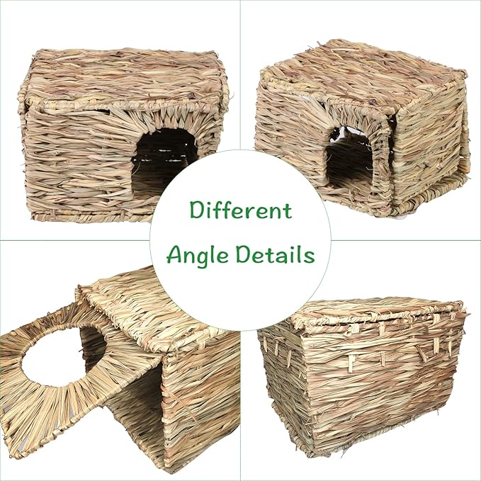Hamiledyi 2PCS Large Grass House for Rabbit, Edible Bunny Hut Natural Grass Woven Foldable Pet Play Hideaway Hay Mat Chew Toys for Guinea Pig Hamster Chinchilla 14.5x11.4x10.2 inches
