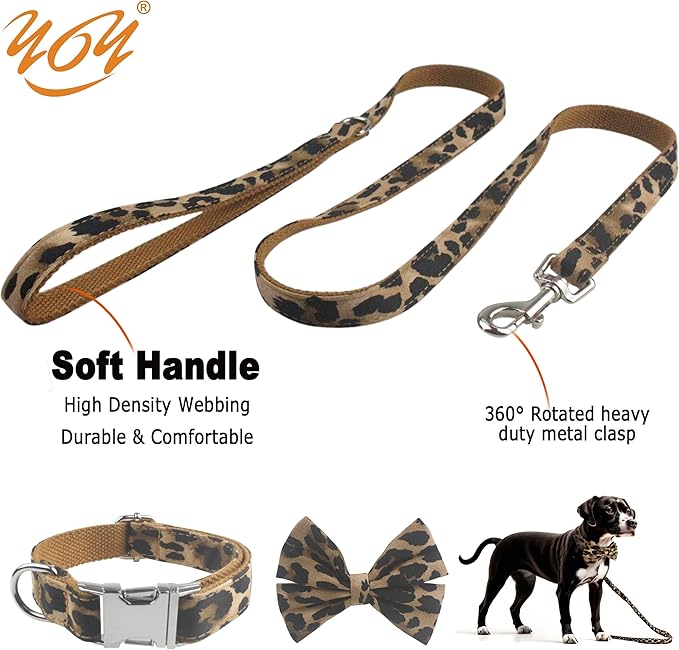 YOY Soft Comfortable Adjustable Leopard Print Pet Collar with Bowtie, Cute Cat Collar and Leash Set for Small Dogs Cats Kitten, Puppy Kitty Grooming Doggy Accessories, Length 8"-13"