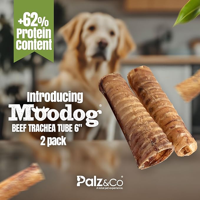 Palz&Co Moodog 6" Beef Trachea Tubes for Dogs - Natural Grass-Fed Chews with Glucosamine & Chondroitin, Supports Joints & Dental Health, 2-Pack