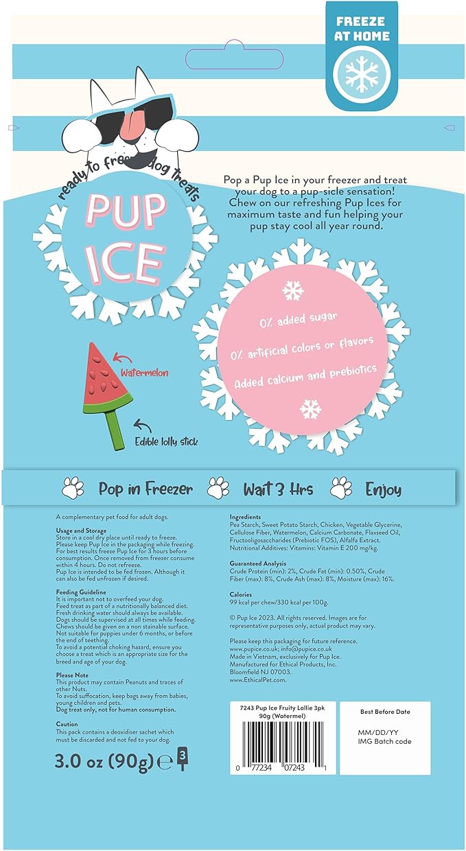 Pup Ice- Ready to Freeze at Home Dog Treats-Edible Chews for Small Breed Dogs & Puppies with Real Chicken to Keep Your Pup Cool Year Round, Fruity Lollies Watermelon Flavor, 3pcs
