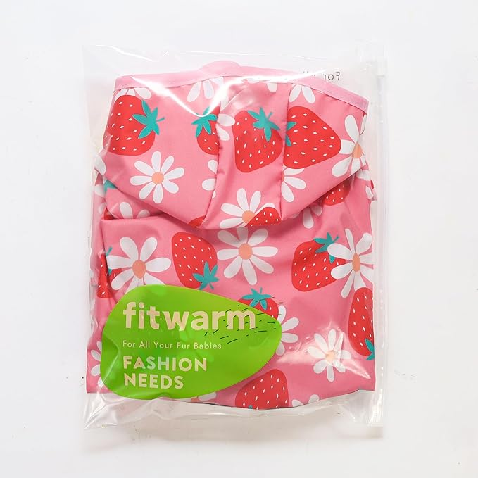 Fitwarm Strawberry Daisy Dog Raincoat with Hood, Waterproof Rain Jacket for Small Dogs Girl, Reflective Pet Poncho with Harness Opening, Packable, Adjustable, Pink, XXL