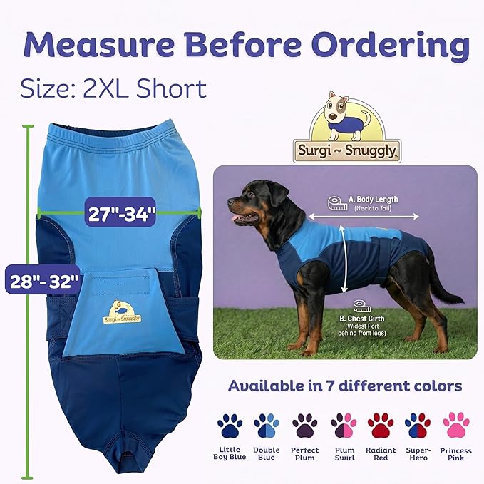 Surgi Snuggly Dog Surgery Recovery Suit - Dog Onesie for Post Surgery Recovery, Female Spay & Male Neuter - Surgical Suit for Dogs, E-Collar Cone Alternative, Double Blue - 2XL Small - 28" - 32" (EC)
