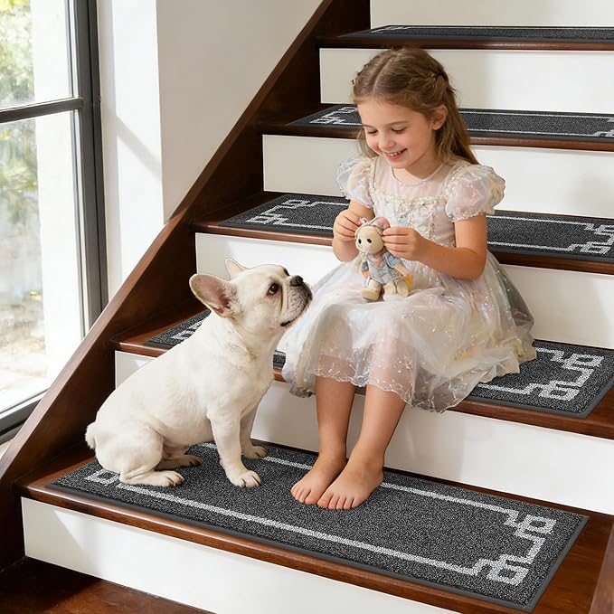 BEQHAUSE Non Slip Stair Treads for Wooden Steps Indoor Washable Stair Runner 28inX9in Polyester Durable Stair Treads Carpet for Dogs,Kids and Elders 15pcs,Dark Grey