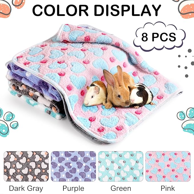 Tudomro 8 Pcs Guinea Pig Blankets Washable Small Pet Fleece Bedding Cage Liners Double Sided Pet Reusable Sleep Mat Pad Cover for Ferret Chinchilla Furniture Protection(Heart,16 x 24 Inch)