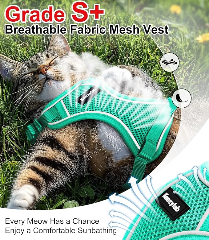 Cat Harness and Leash for Walking Escape Proof Soft Adjustable Cat Leash Breathable Comfortable Vest Easy to Wear Kitten Harness for Outdoor Travel (Emerald, S (7-12lb))