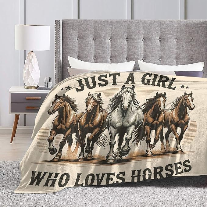 SweetFox Just A Girl Who Loves Horses Blanket, Horse Decor Throw Blanket Gifts for Girls Boys Lovers Super Warm Soft Plush Fleece Flannel Winter Bedding Blankets for Kids Adults Men Women 80"X60"