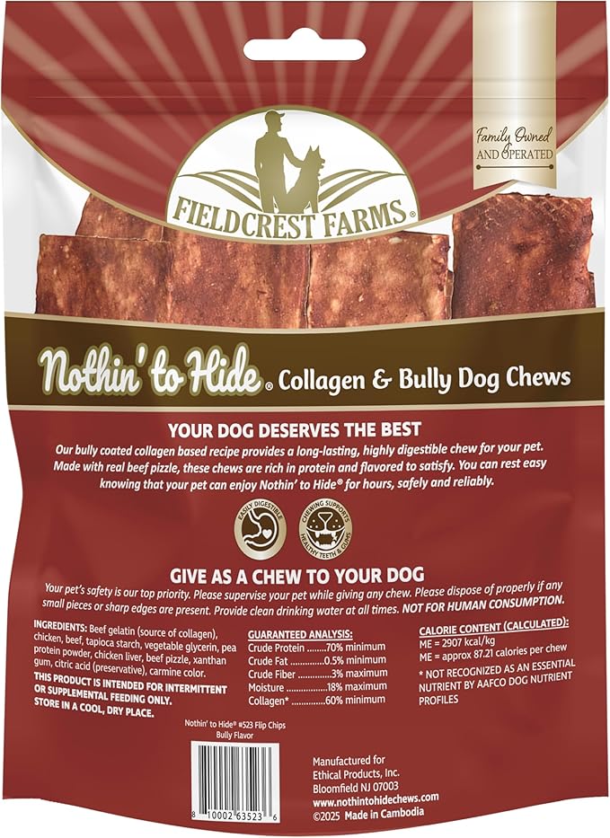 Fieldcrest Farms Nothin to Hide Flip Chips Dog Chews - Natural Rawhide Alternative Treats for Dogs, Collagen Based Snack for Moderate Chewers Up to 35lbs, Beef Bully Flavor -1 Pack (8 Chips)