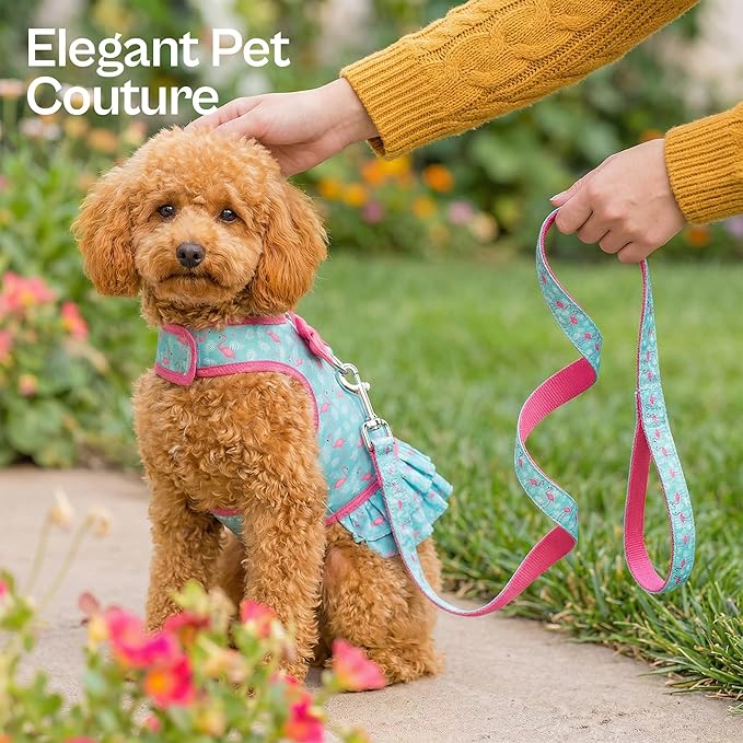 Parisian Pet Flamingo Dog Harness Dress - Breathable No Pull Puppy Dress with Leash Ring - 100% Mesh Fabric Harnesses for Dogs - Soft Padded Step in Pet Vest - All Weather Dog Harness Small Sized Dogs