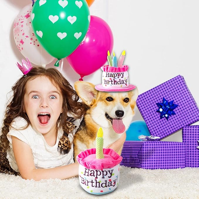 Puppy and Cat Happy Birthday Cake Hat & Bandana Scarfs Set with Colorful Candles Pink for Small Animas, Cat Birthday Party Supplies Decorations