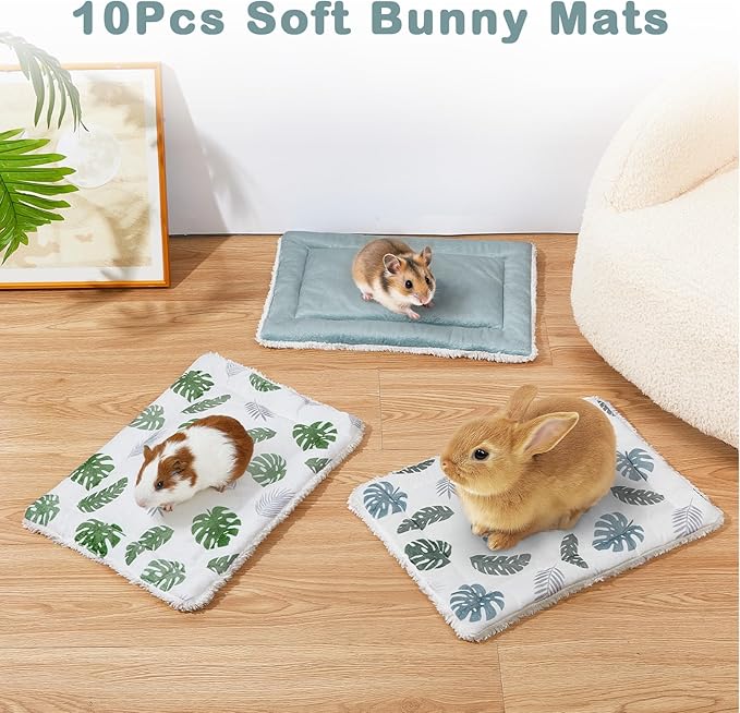Glittme 10Pcs Bunny Bed Rabbit Bed for Indoor Cage Soft Guinea Pig Bed Fleece Mat Pad Warm Small Animal Bedding Accessories for Hamster Ferret Washable Non-Slip Rabbit Hide House Liner
