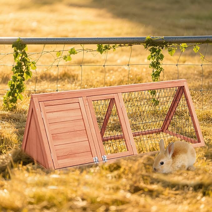 Wooden Rabbit Run Cage Outdoor,A-Frame Bunny Playpen House Indoor,Small Bunny Hutch with Ventilating Wire Fence for Puppy Rabbits (Wood)