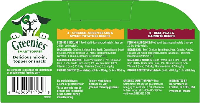 Greenies Smart Topper High Protein Wet Mix-in for Dogs, Chicken, Green Beans, and Sweet Potatoes Recipe & Beef, Peas, and Carrots Recipe Variety Pack, 8 Trays of 2 oz.
