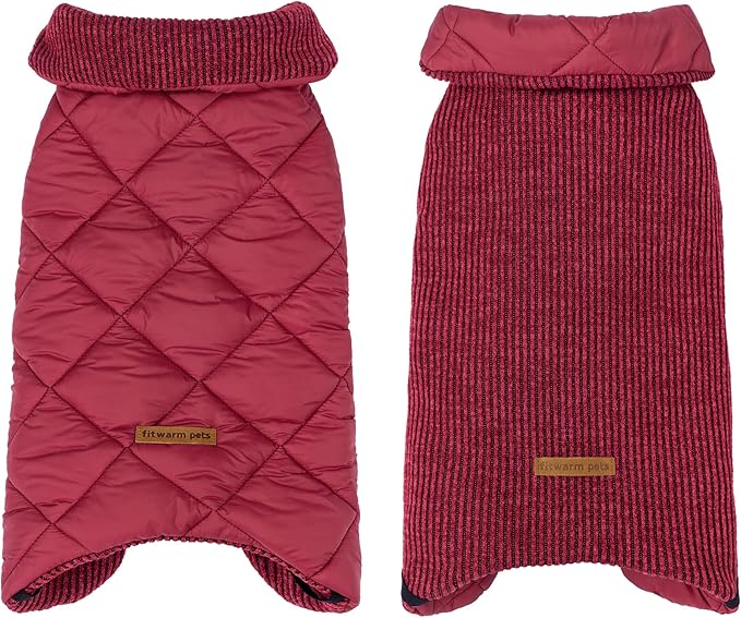 Fitwarm Reversible Quilted Dog Coat, Cozy Winter Clothes for Small Dogs Boy Girl, Windproof Thermal Pet Jacket, Red, Burgundy, XS