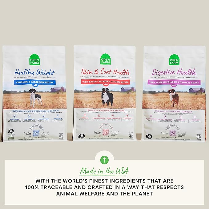 Open Farm, Skin & Coat Health Dog Food, Veterinarian Formulated Kibble with Salmon Oil and Vitamin E to Support Healthy Skin & A Shiny Coat, Wild-Caught Salmon & Oatmeal Recipe, 4lb Bag