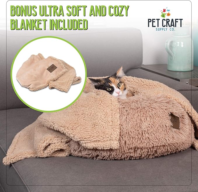 Pet Craft Supply Ultra Plush Calming Anti-Anxiety Pet Bed - Includes Super Soft Comfort Blanket - Great Medium Dog Bed Small Dog and Cat Bed;Cream