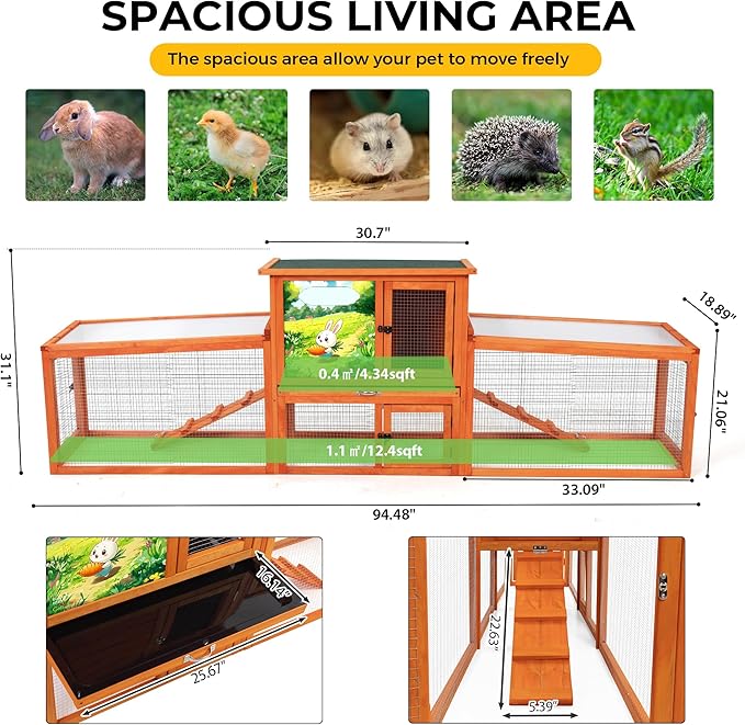 COZIWOW 82” Extra Large Fashion Wooden Outdoor Rabbit Hutch Bunny Cage Indoor Easy to Assemble and Durable with Cleaning Tray & Waterproof Roof for Small & Medium Bunny Rabbit Duck Chick (Orange)