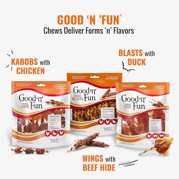 Good 'n' Fun Triple Flavor Ribs Chews for All Dogs, Treat Your Dog to Long-Lasting Chews Made with Beef Hide, Chicken and Pork Hide, 12 Ounces (Pack of 3)