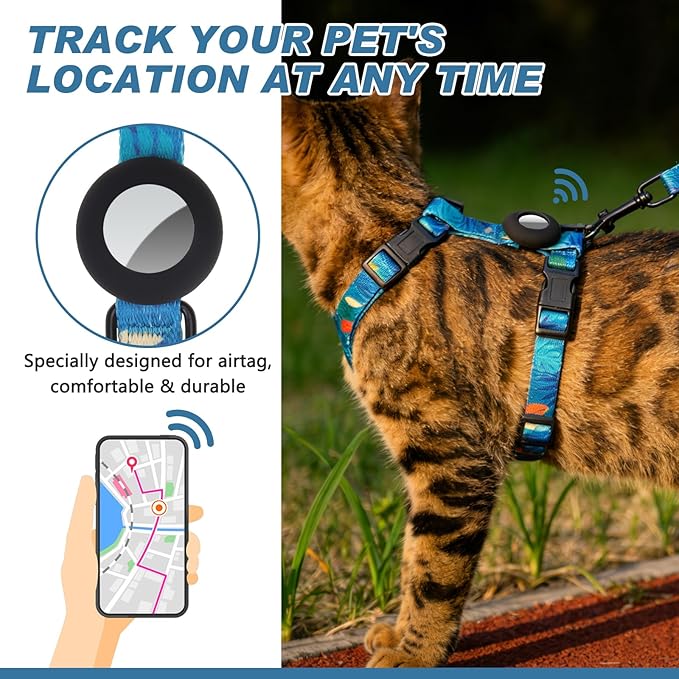 Cat Harness and Leash Set with Airtag Holder for Walking & Travelling, Escape Proof Cat Harness for Small Medium Large Kitten, Adjustable Lightweight Soft Cat Vests(Green Print)